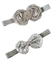 Croshka Designs Set of Two Flowers & Bow Headbands in Silver