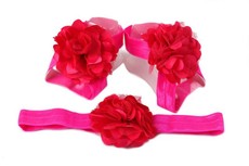 Satin & Tulle Layered Flower Barefoot Sandals & Headband Set in Hot Pink