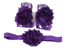 Shabby Chic Flower Barefoot Sandals & Headband Set in Dark Purple