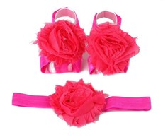 Shabby Chic Flower Barefoot Sandals & Headband Set in Hot Pink