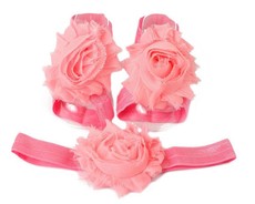 Shabby Chic Flower Barefoot Sandals & Headband Set in Light & Dark Pink