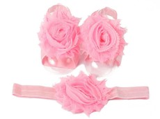 Shabby Chic Flower Barefoot Sandals & Headband Set in Light Pink