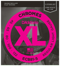 D'Addario ECB81-5 XL Chromes 45-135 5 String Light Long Scale Stainless Steel Flat Wound Bass Guitar Strings