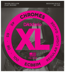 D'Addario ECB81M XL Chromes 45-100 Light Medium Scale Stainless Steel Flat Wound Bass Guitar Strings (Opened Set)