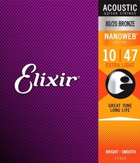 Elixir 11002 Nanoweb 10-47 Extra Light 80/20 Bronze Coated Acoustic Guitar Strings