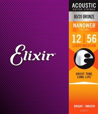 Elixir 11077 Nanoweb 12-56 Light Medium 80/20 Bronze Coated Acoustic Guitar Strings