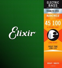 Elixir 14652 Nanoweb 45-100 4 String Stainless Steel Long Scale Coated Bass Guitar Strings