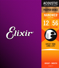 Elixir 16077 Nanoweb 12-56 Light Medium Phosphor Bronze Coated Acoustic Guitar Strings