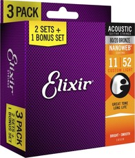 Elixir 16538 Nanoweb 11-52 Custom Light 80/20 Bronze Coated Acoustic Guitar Strings (3 Pack)