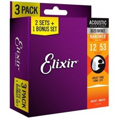 Elixir 16539 Nanoweb 12-53 Light 80/20 Bronze Coated Acoustic Guitar Strings (3 Pack)