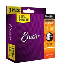 Elixir 16544 Nanoweb 11-52 Custom Light Phosphor Bronze Coated Acoustic Guitar Strings (3 Pack)