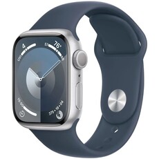 Apple Watch Series 9 (GPS 45mm) Silver Aluminium Case with Storm Blue Sport Band - S/M (MR9D3QR/A)