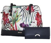 Fino Pu Leather Handbag with Spring Flower Design & Purse Set - Navy Blue