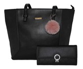 Fino Pu Leather Tote and Removable Pom & Purse Set - Black