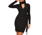 I Saw it First - Ladies Black Ribbed Wrap Front Belted Midi Dress