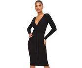 I Saw it First - Ladies Black Ribbed Wrap Front Belted Midi Dress